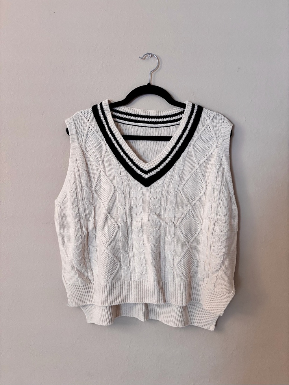 White Cable Knit V-Neck Sweater Vest with Black Trim